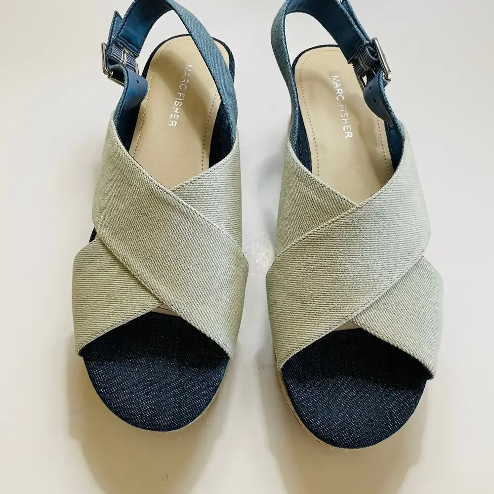 Marc Fisher Denim Espadrille Wedge Sandals 9.5